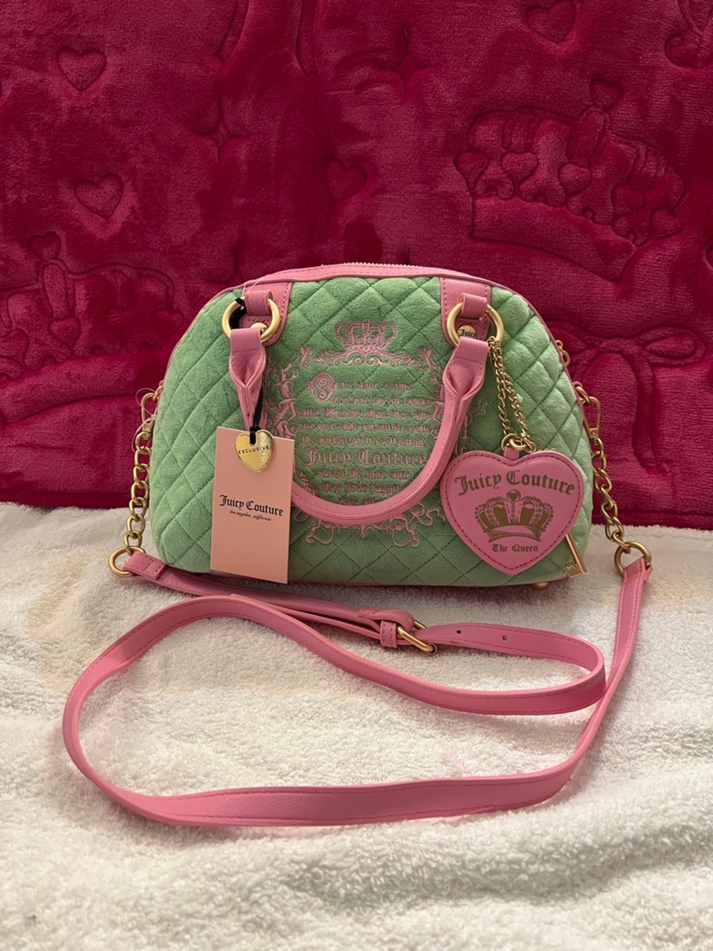 Juicy Couture Mint Quilted Dome Crossbody with Pink Trim